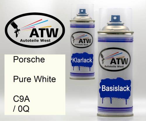 Porsche, Pure White, C9A / 0Q: 400ml Sprühdose + 400ml Klarlack - Set, von ATW Autoteile West.